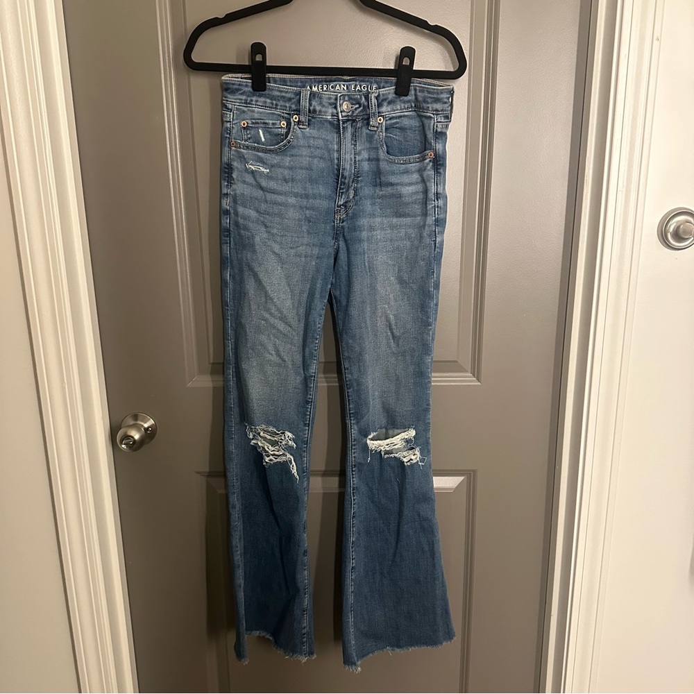 American Eagle Outfitters High-Rise Flare Jean - Destructed Medium Wash